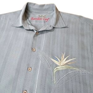 Bamboo Cay Floral Embroidered Silk Hawaiian Shirt Men XL Sage Textured Clip Dots